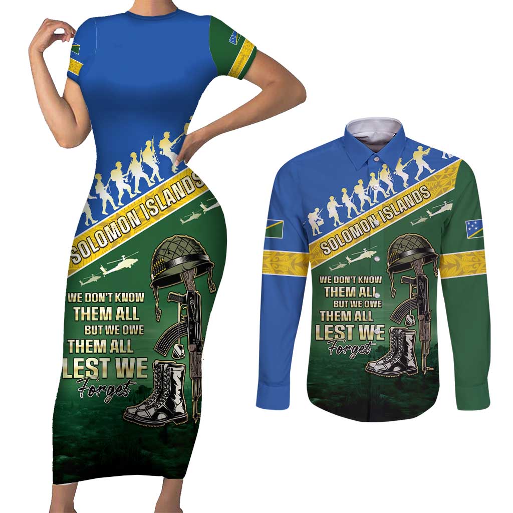 Solomon Islands Remembrance Day Couples Matching Short Sleeve Bodycon Dress and Long Sleeve Button Shirt Lest We Forget