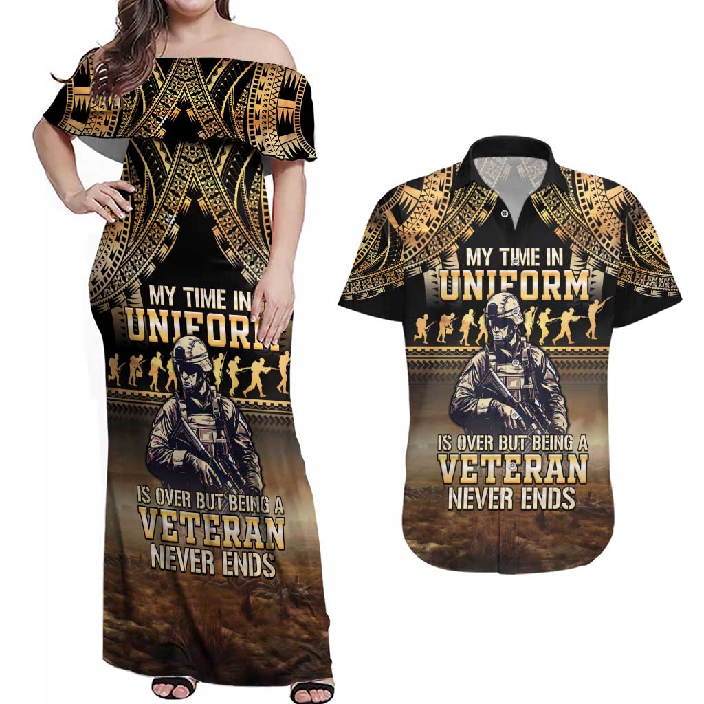 Polynesia Veterans Day Couples Matching Off Shoulder Maxi Dress and Hawaiian Shirt Thank You Veterans Polynesian Pattern