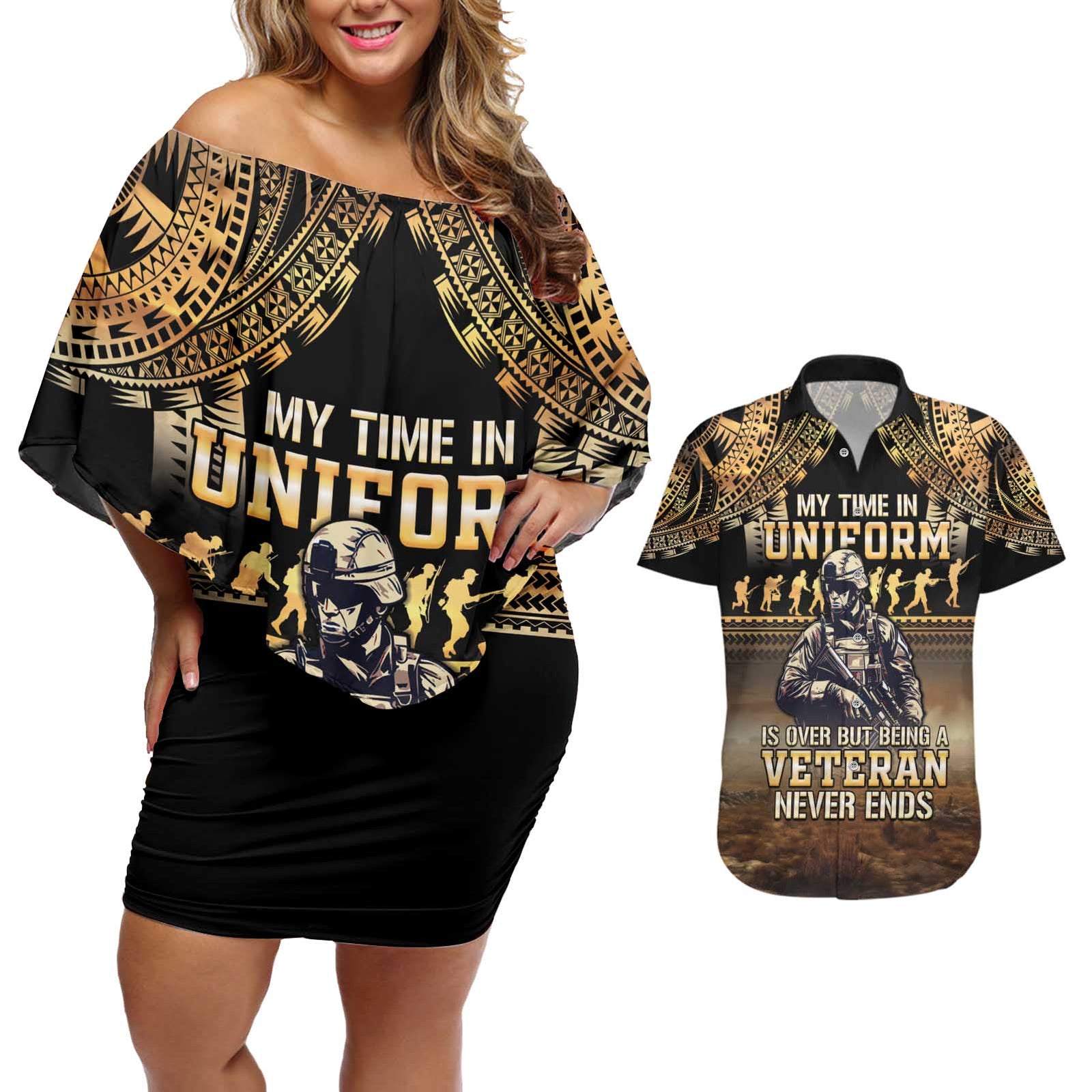 Polynesia Veterans Day Couples Matching Off Shoulder Short Dress and Hawaiian Shirt Thank You Veterans Polynesian Pattern