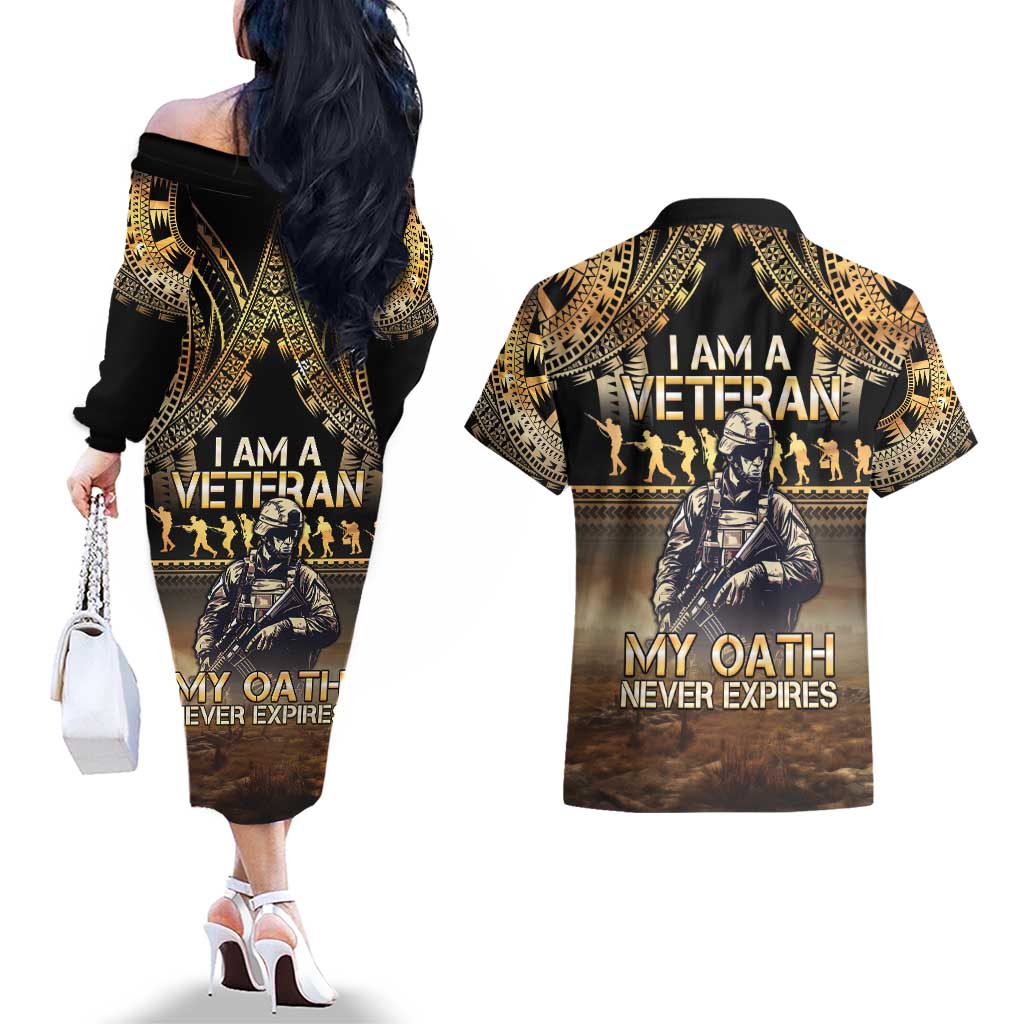Polynesia Veterans Day Couples Matching Off The Shoulder Long Sleeve Dress and Hawaiian Shirt Thank You Veterans Polynesian Pattern