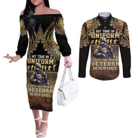 Polynesia Veterans Day Couples Matching Off The Shoulder Long Sleeve Dress and Long Sleeve Button Shirt Thank You Veterans Polynesian Pattern LT05 Gold - Polynesian Pride