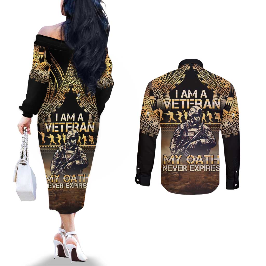 Polynesia Veterans Day Couples Matching Off The Shoulder Long Sleeve Dress and Long Sleeve Button Shirt Thank You Veterans Polynesian Pattern LT05 - Polynesian Pride