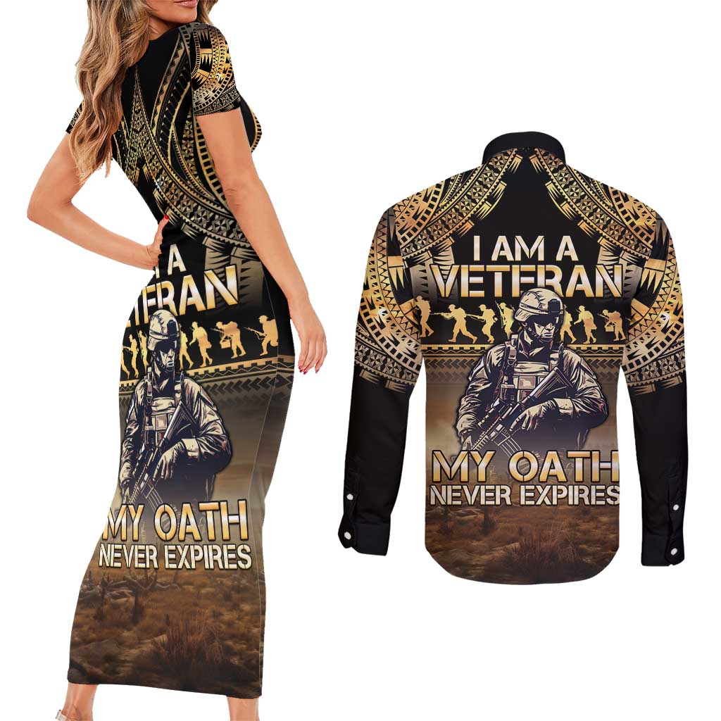 Polynesia Veterans Day Couples Matching Short Sleeve Bodycon Dress and Long Sleeve Button Shirt Thank You Veterans Polynesian Pattern