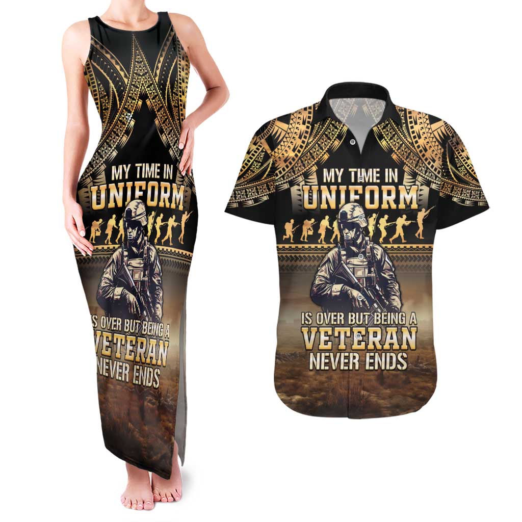 Polynesia Veterans Day Couples Matching Tank Maxi Dress and Hawaiian Shirt Thank You Veterans Polynesian Pattern