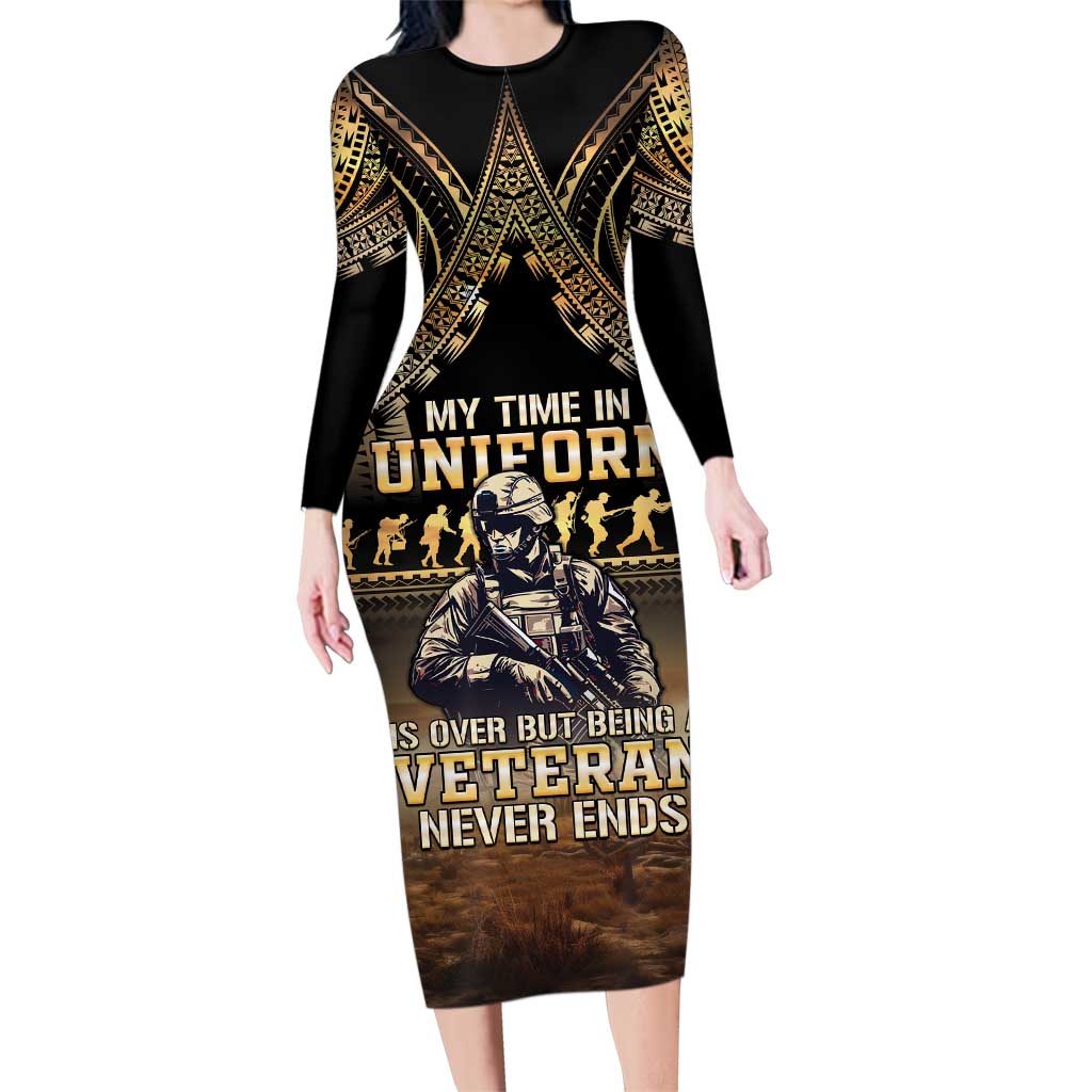 Polynesia Veterans Day Family Matching Long Sleeve Bodycon Dress and Hawaiian Shirt Thank You Veterans Polynesian Pattern LT05 Mom's Dress Gold - Polynesian Pride