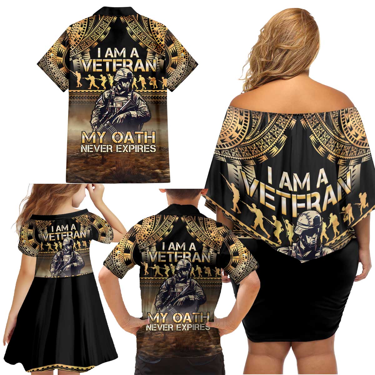 Polynesia Veterans Day Family Matching Off Shoulder Short Dress and Hawaiian Shirt Thank You Veterans Polynesian Pattern