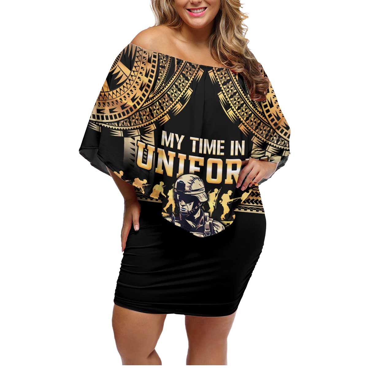 Polynesia Veterans Day Family Matching Off Shoulder Short Dress and Hawaiian Shirt Thank You Veterans Polynesian Pattern