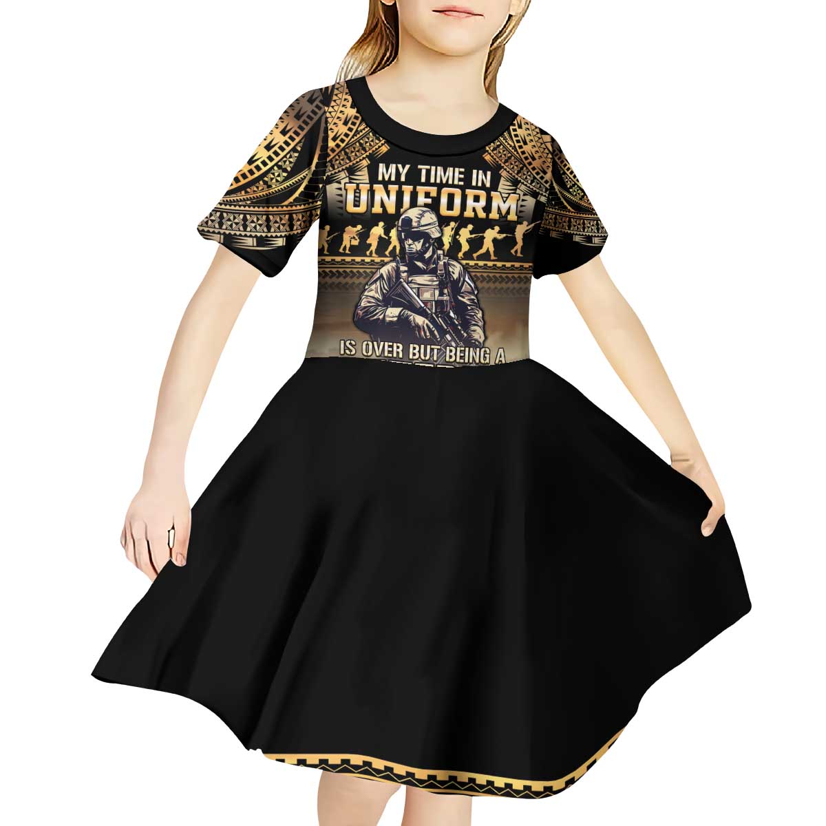 Polynesia Veterans Day Kid Short Sleeve Dress Thank You Veterans Polynesian Pattern
