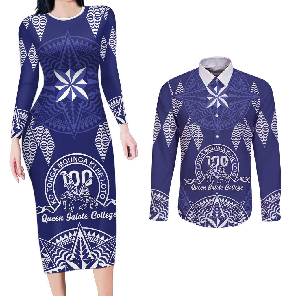 Personalised Queen Salote College Centenary Couples Matching Long Sleeve Bodycon Dress and Long Sleeve Button Shirt Tongan Kupesi Pattern - Polynesian Pride