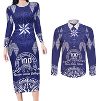 Personalised Queen Salote College Centenary Couples Matching Long Sleeve Bodycon Dress and Long Sleeve Button Shirt Tongan Kupesi Pattern - Polynesian Pride