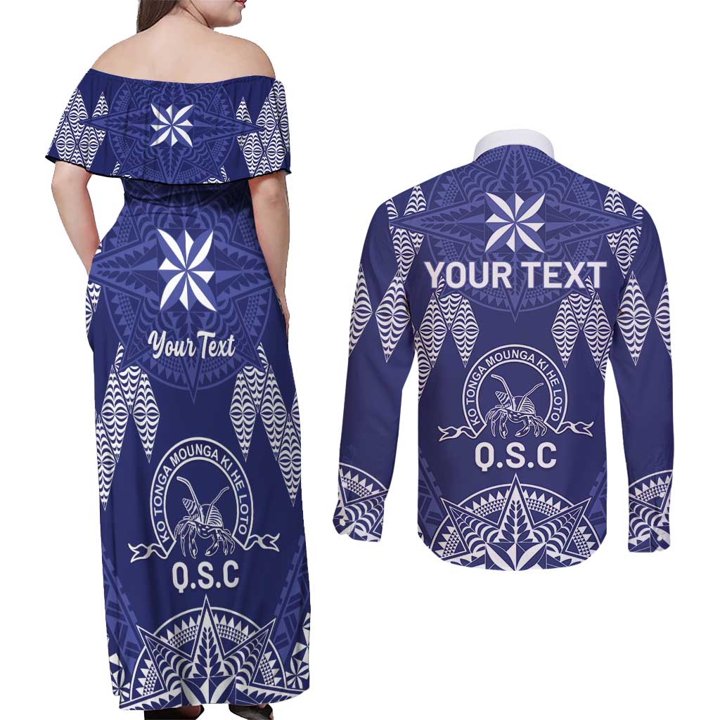 Personalised Queen Salote College Centenary Couples Matching Off Shoulder Maxi Dress and Long Sleeve Button Shirt Tongan Kupesi Pattern - Polynesian Pride