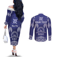 Personalised Queen Salote College Centenary Couples Matching Off The Shoulder Long Sleeve Dress and Long Sleeve Button Shirt Tongan Kupesi Pattern - Polynesian Pride