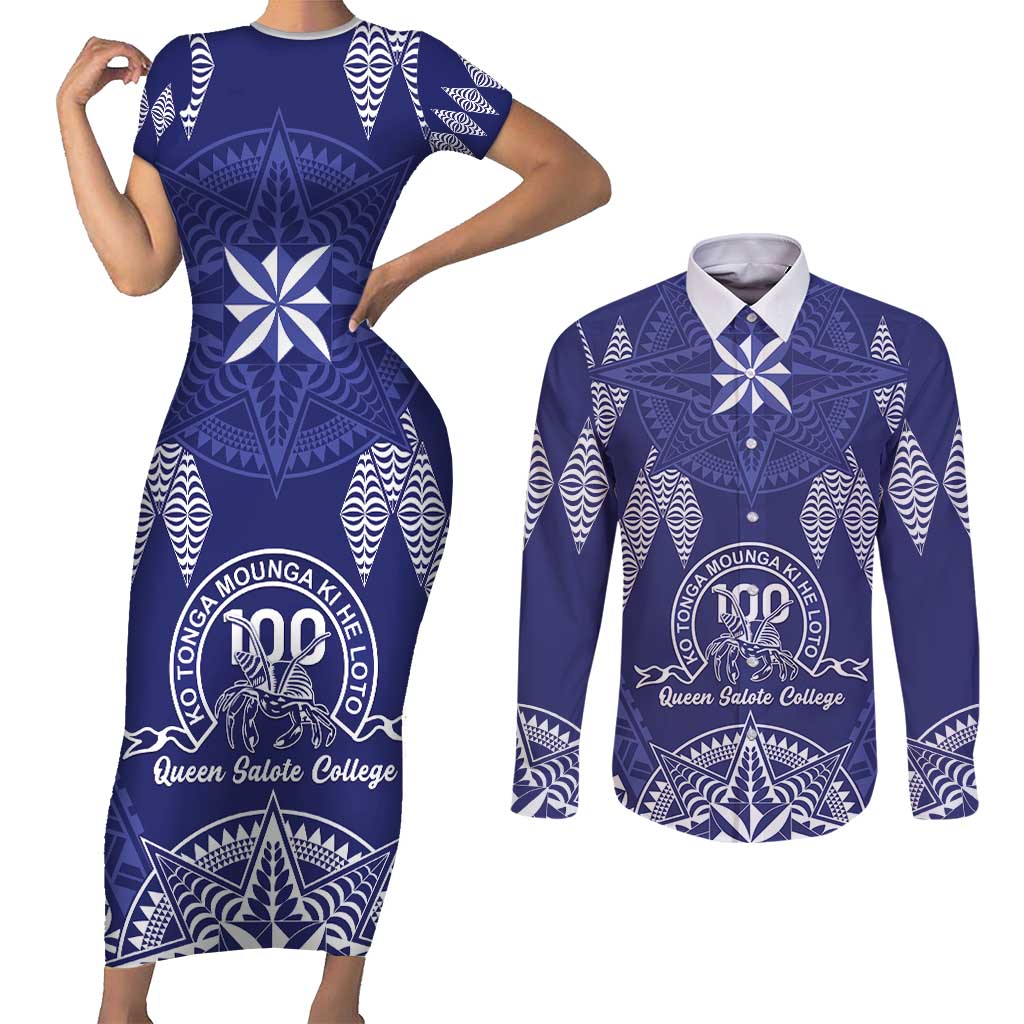 Personalised Queen Salote College Centenary Couples Matching Short Sleeve Bodycon Dress and Long Sleeve Button Shirt Tongan Kupesi Pattern - Polynesian Pride