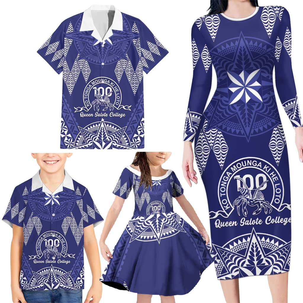 Personalised Queen Salote College Centenary Family Matching Long Sleeve Bodycon Dress and Hawaiian Shirt Tongan Kupesi Pattern - Polynesian Pride