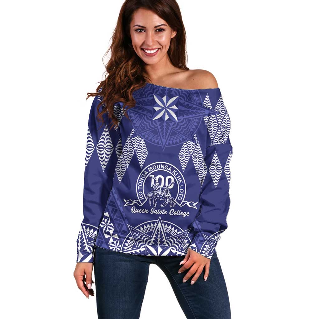 Personalised Queen Salote College Centenary Off Shoulder Sweater Tongan Kupesi Pattern - Polynesian Pride