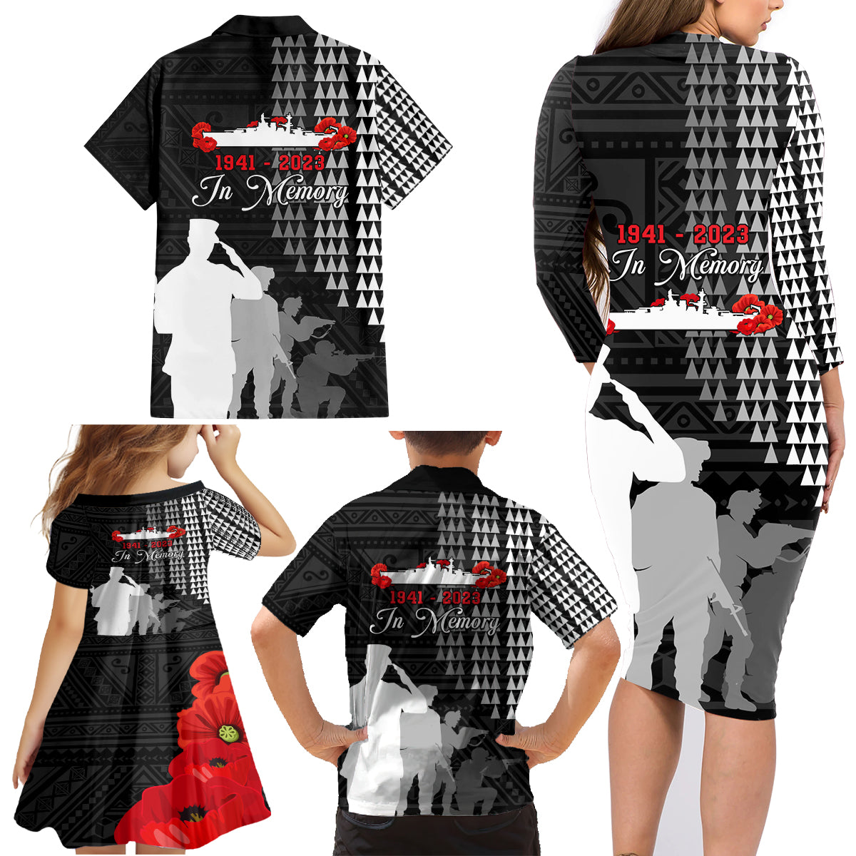 Pearl Harbor Remembrance Day Family Matching Long Sleeve Bodycon Dress and Hawaiian Shirt USS Arizona In Memory With Polynesian Pattern LT05 - Polynesian Pride