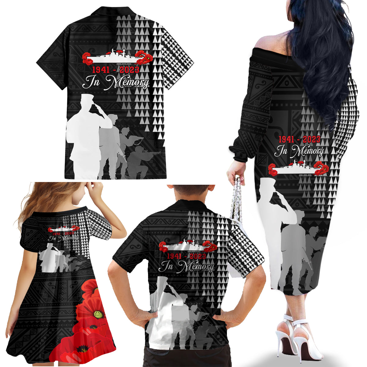Pearl Harbor Remembrance Day Family Matching Off Shoulder Long Sleeve Dress and Hawaiian Shirt USS Arizona In Memory With Polynesian Pattern LT05 - Polynesian Pride