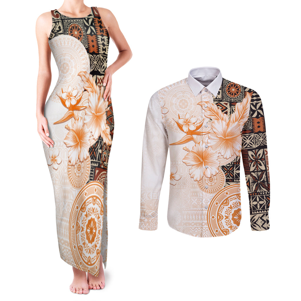 Fiji Couples Matching Tank Maxi Dress and Long Sleeve Button Shirt Masi Tapa Pattern Brown LT05 Brown - Polynesian Pride
