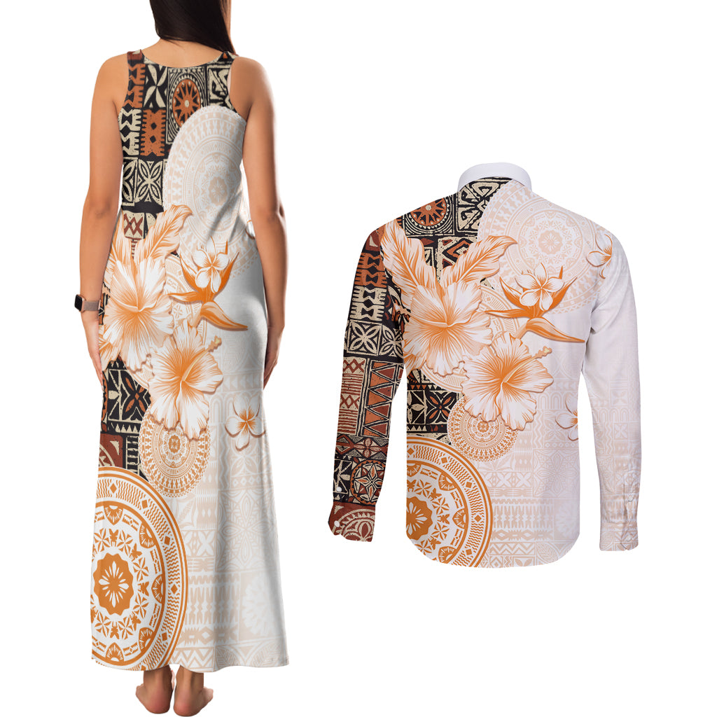 Fiji Couples Matching Tank Maxi Dress and Long Sleeve Button Shirt Masi Tapa Pattern Brown LT05 - Polynesian Pride