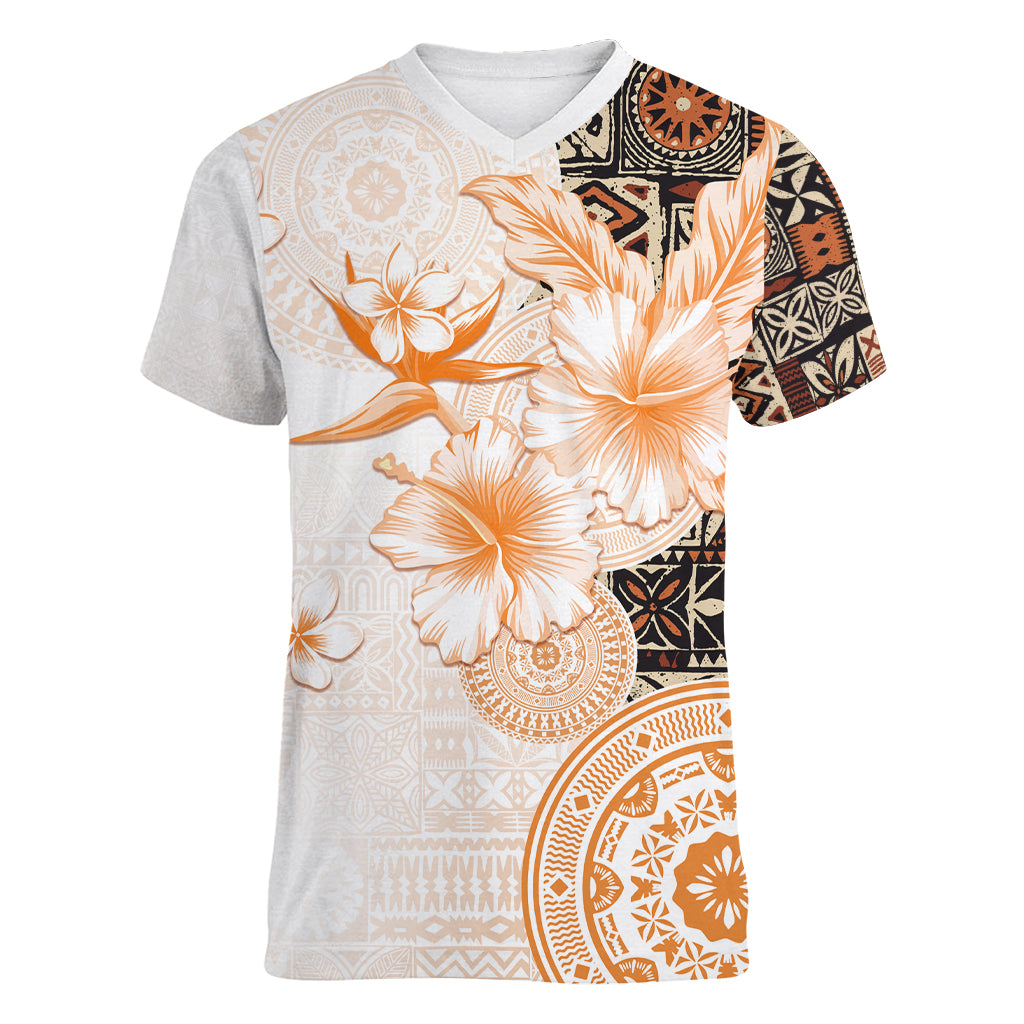 Fiji Women V Neck T Shirt Masi Tapa Pattern Brown LT05 Female Brown - Polynesian Pride