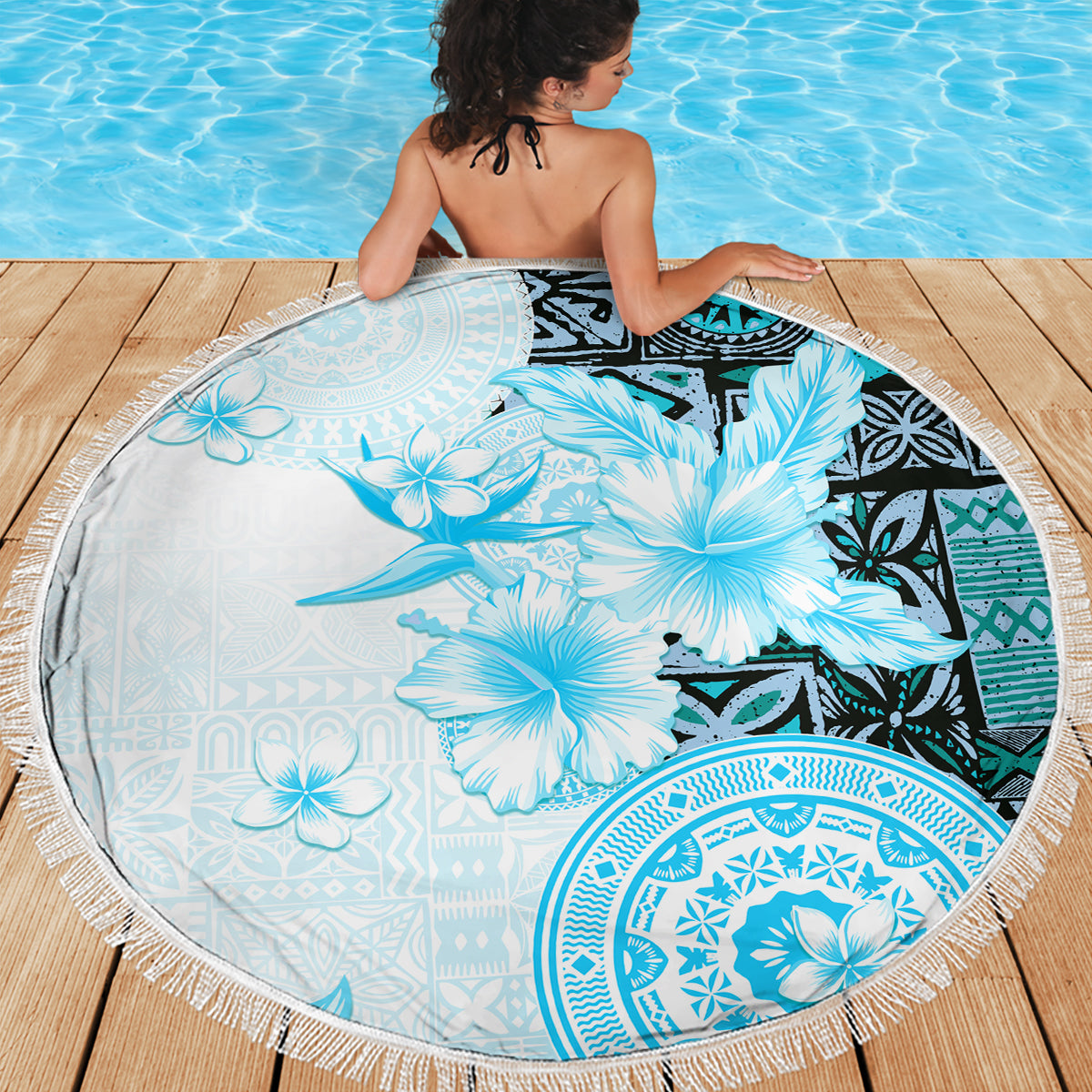 Fiji Beach Blanket Masi Tapa Pattern Blue LT05 - Polynesian Pride