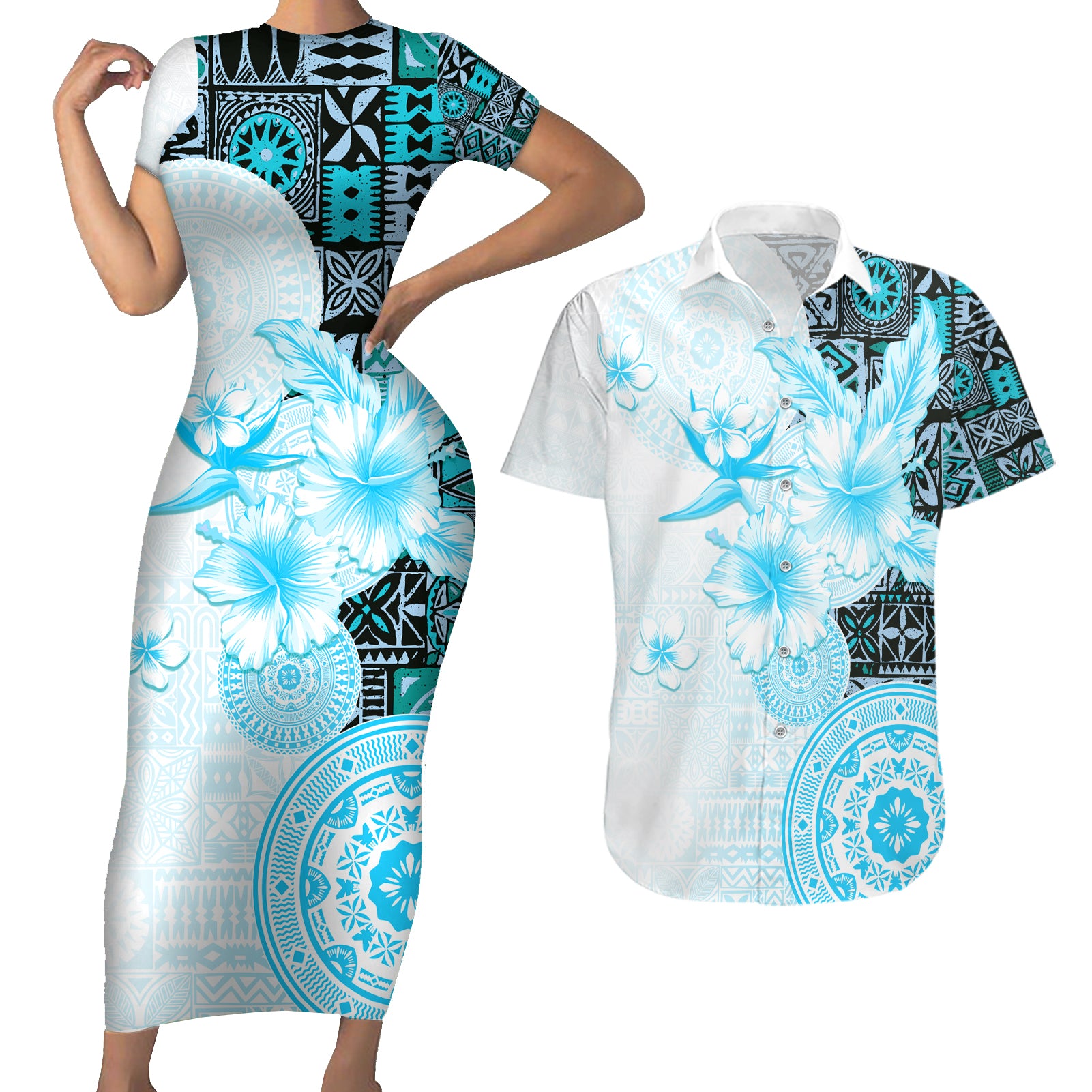 Fiji Couples Matching Short Sleeve Bodycon Dress and Hawaiian Shirt Masi Tapa Pattern Blue LT05 Blue - Polynesian Pride