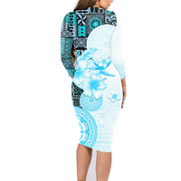 Fiji Family Matching Long Sleeve Bodycon Dress and Hawaiian Shirt Masi Tapa Pattern Blue LT05 - Polynesian Pride