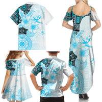 Fiji Family Matching Summer Maxi Dress and Hawaiian Shirt Masi Tapa Pattern Blue LT05 - Polynesian Pride