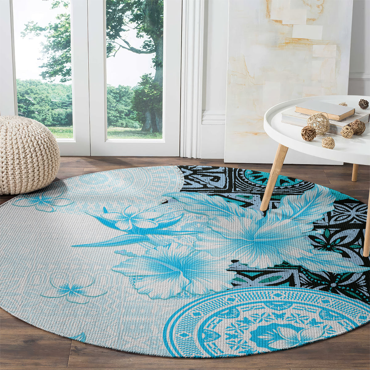 Fiji Round Carpet Masi Tapa Pattern Blue LT05 - Polynesian Pride