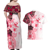 Fiji Couples Matching Off Shoulder Maxi Dress and Hawaiian Shirt Masi Tapa Pattern Red LT05 - Polynesian Pride