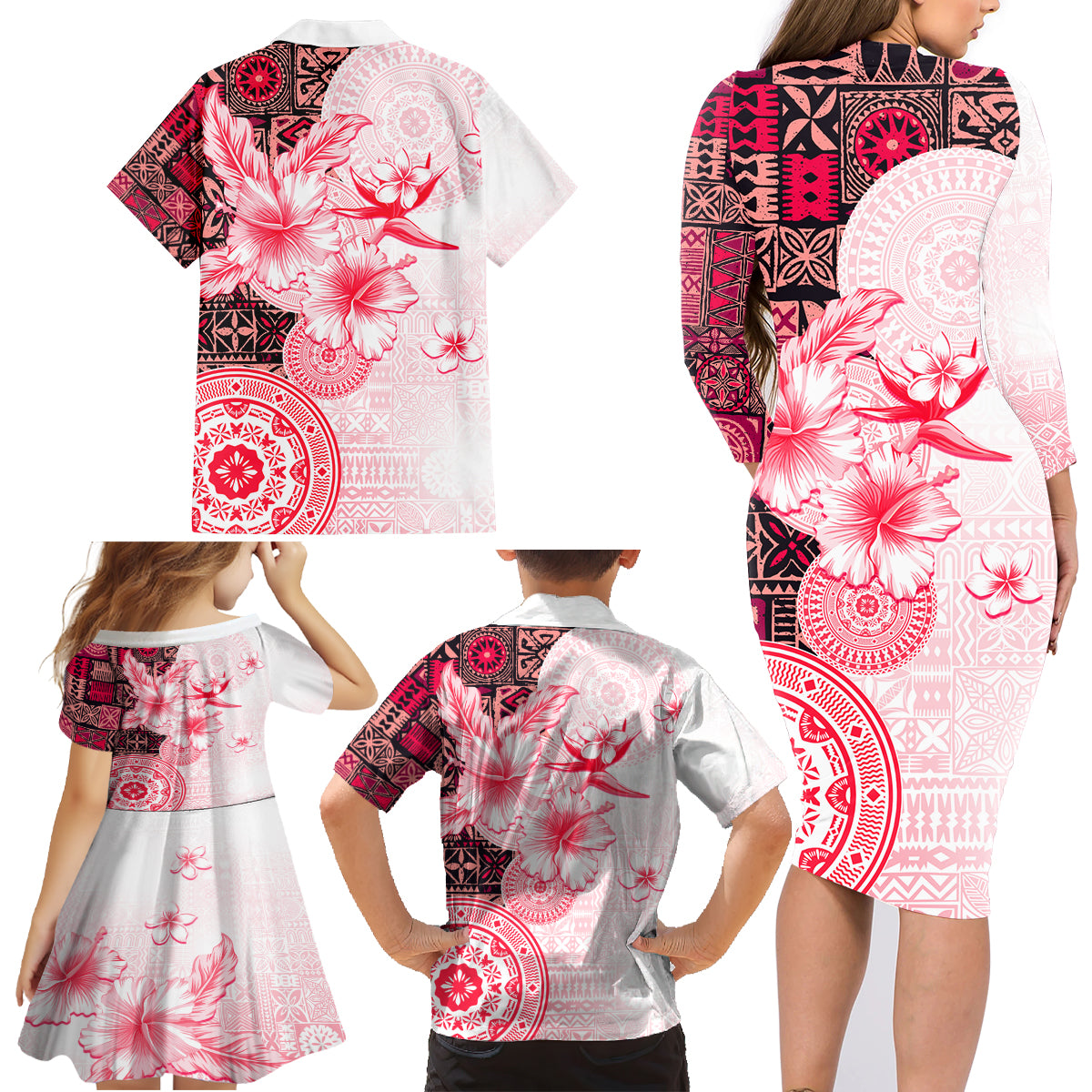 Fiji Family Matching Long Sleeve Bodycon Dress and Hawaiian Shirt Masi Tapa Pattern Red LT05 - Polynesian Pride