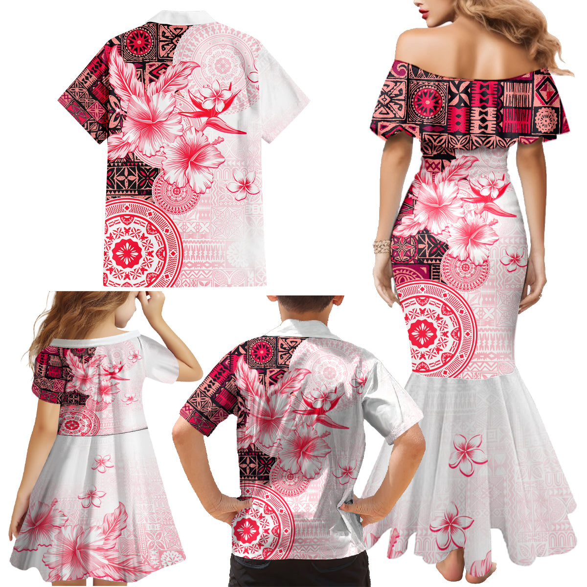 Fiji Family Matching Mermaid Dress and Hawaiian Shirt Masi Tapa Pattern Red LT05 - Polynesian Pride