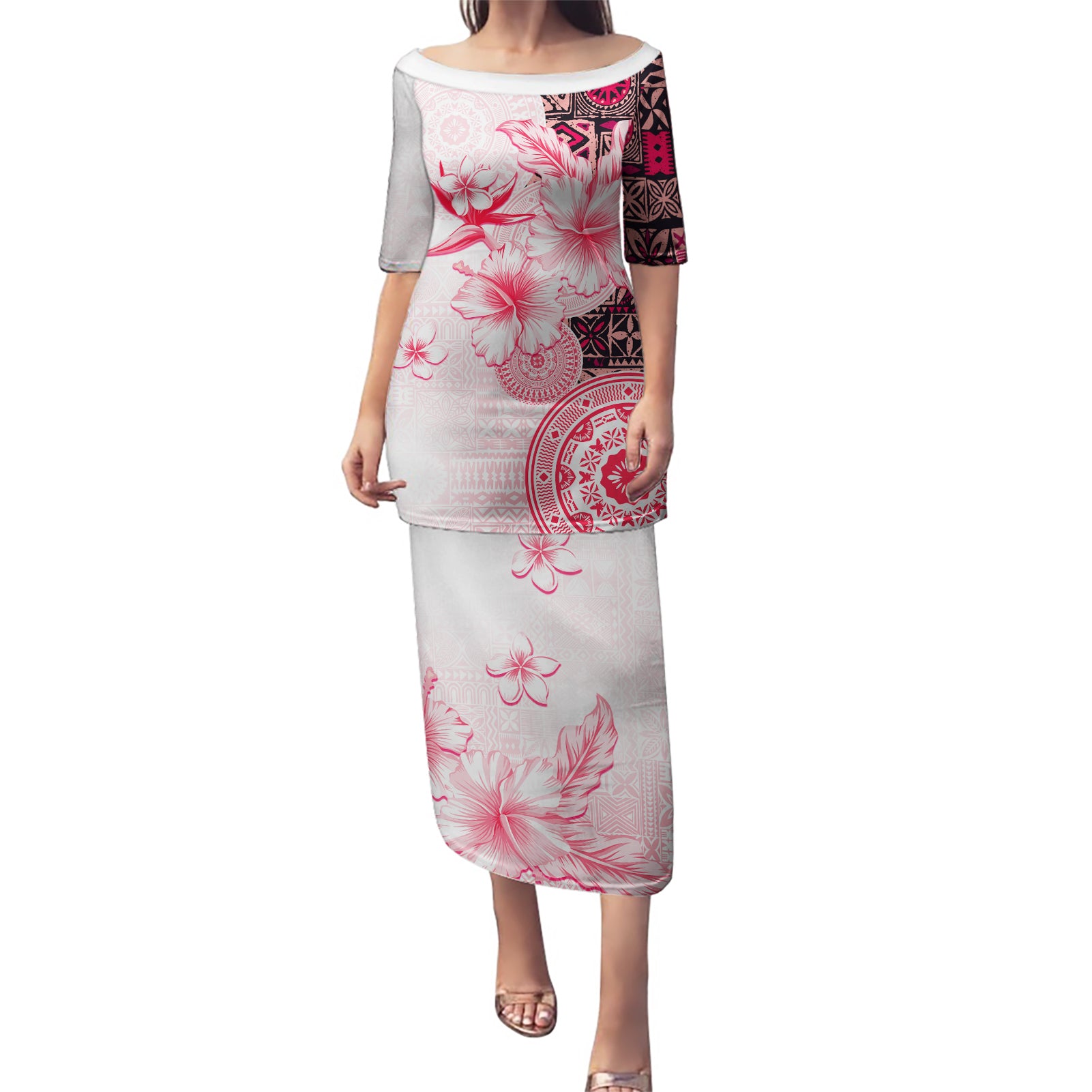 Fiji Puletasi Masi Tapa Pattern Red LT05 Long Dress Red - Polynesian Pride