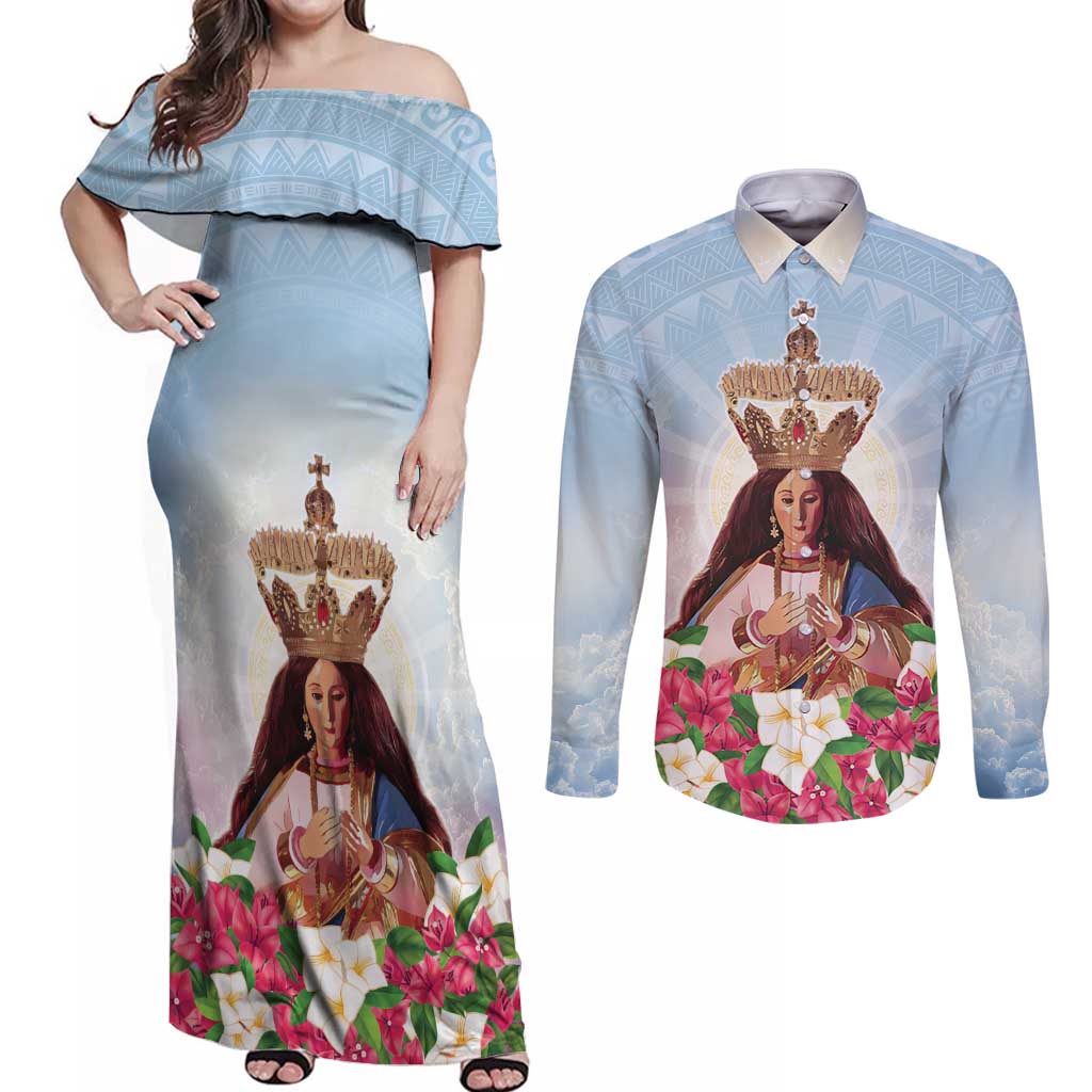 Guam Patroness Couples Matching Off Shoulder Maxi Dress and Long Sleeve Button Shirt The Legend Santa Marian Kamalen