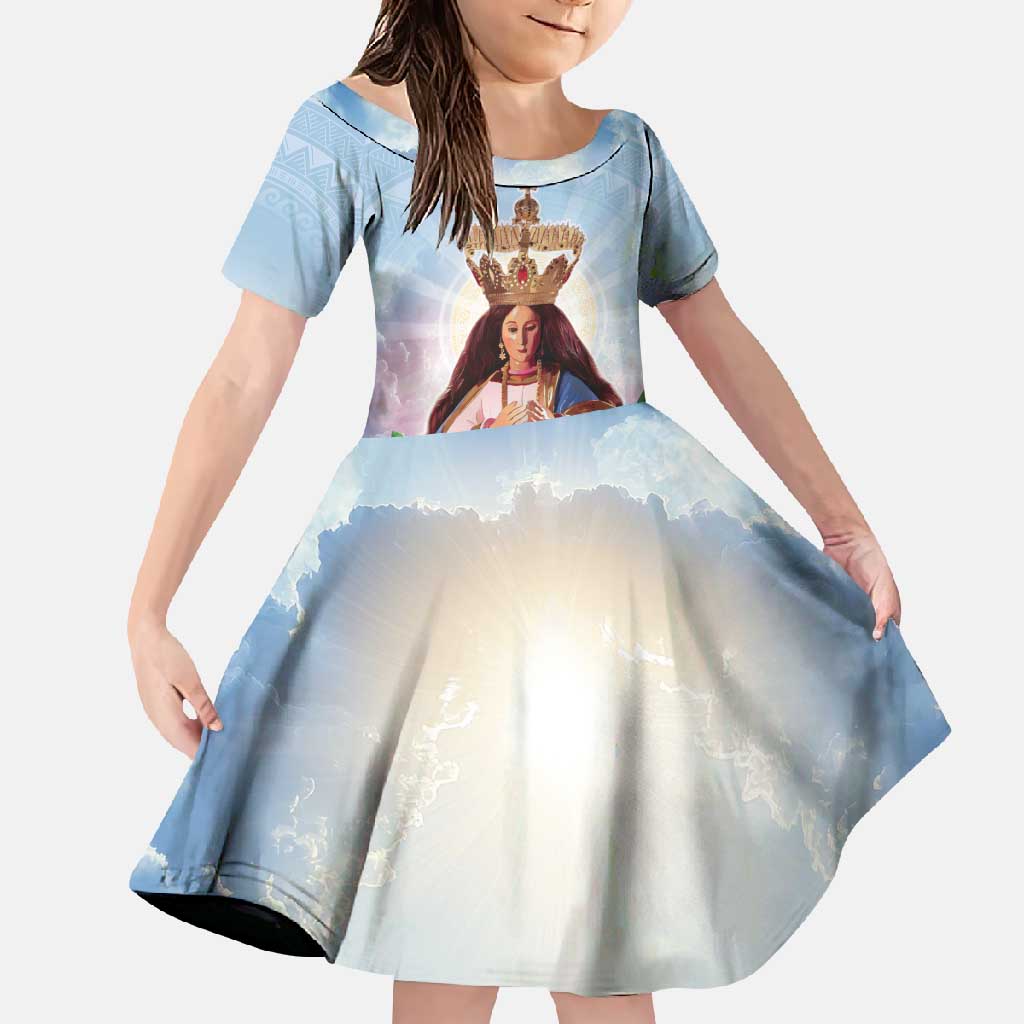Guam Patroness Family Matching Long Sleeve Bodycon Dress and Hawaiian Shirt The Legend Santa Marian Kamalen LT05 Daughter's Dress Blue - Polynesian Pride