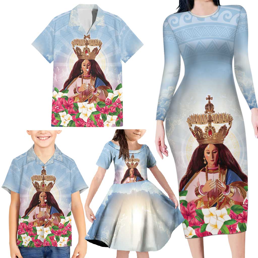 Guam Patroness Family Matching Long Sleeve Bodycon Dress and Hawaiian Shirt The Legend Santa Marian Kamalen