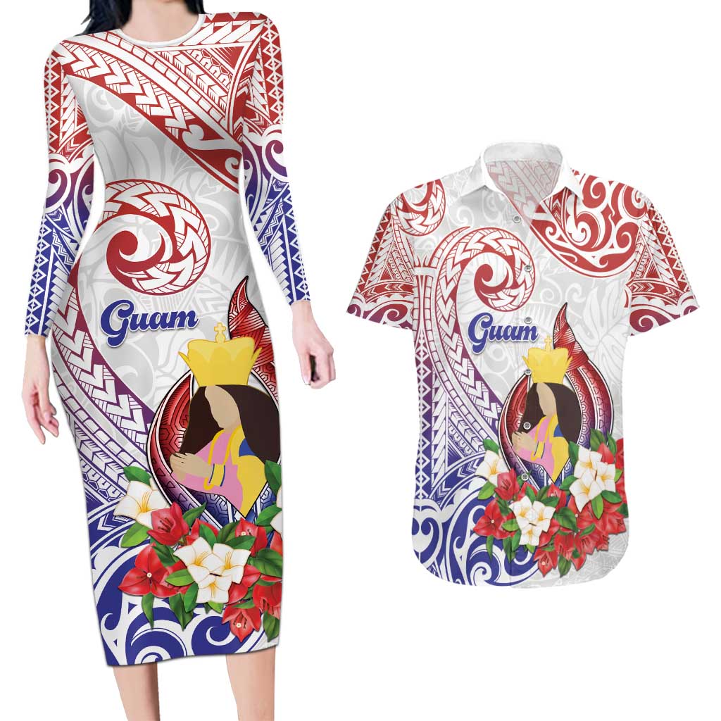 Happy Guam Santa Marian Kamalen Day Couples Matching Long Sleeve Bodycon Dress and Hawaiian Shirt