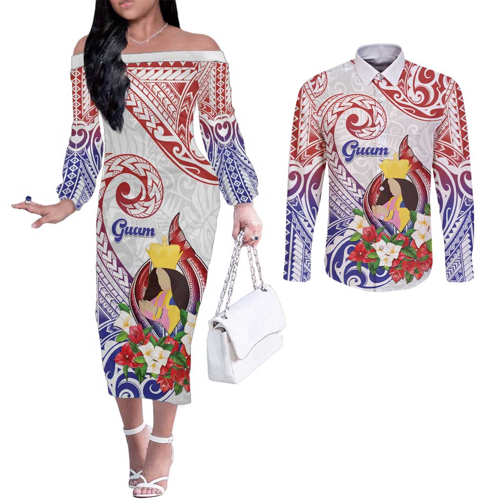 Happy Guam Santa Marian Kamalen Day Couples Matching Off The Shoulder Long Sleeve Dress and Long Sleeve Button Shirt