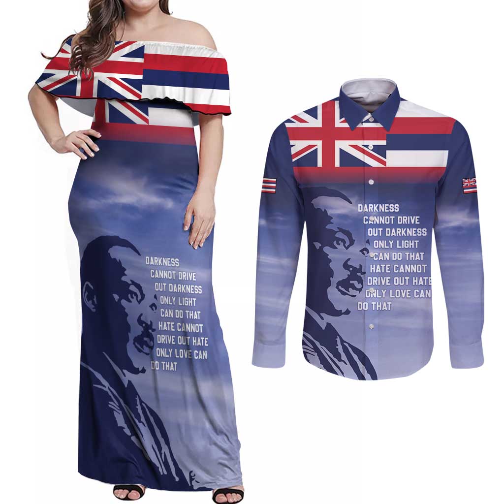 Hawaii MLK Day Couples Matching Off Shoulder Maxi Dress and Long Sleeve Button Shirt