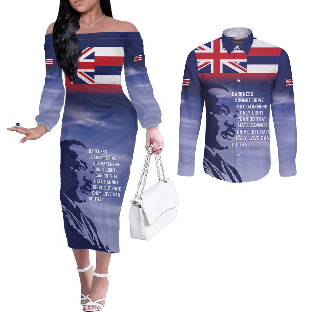 Hawaii MLK Day Couples Matching Off The Shoulder Long Sleeve Dress and Long Sleeve Button Shirt