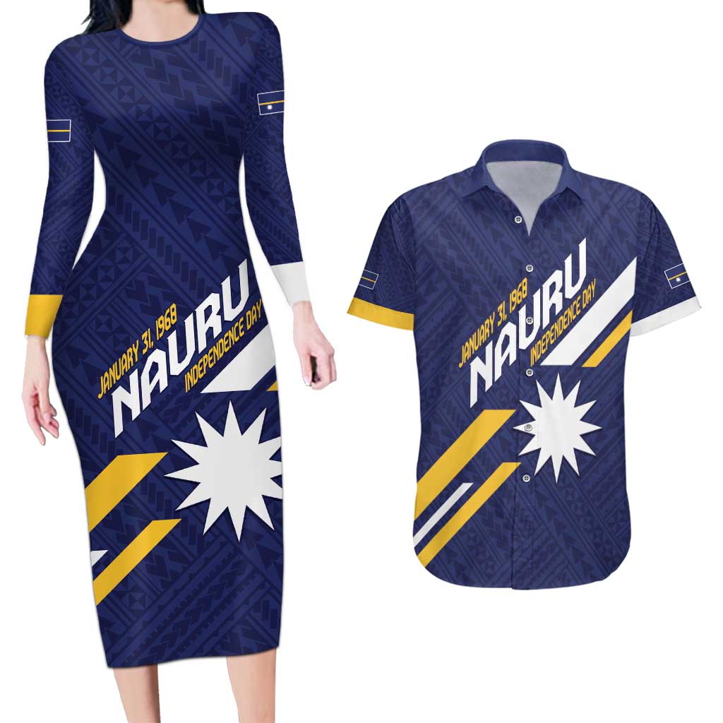 Personalised Happy Nauru Independence Day Couples Matching Long Sleeve Bodycon Dress and Hawaiian Shirt Polynesian Pattern