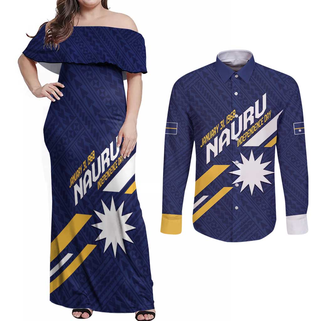 Personalised Happy Nauru Independence Day Couples Matching Off Shoulder Maxi Dress and Long Sleeve Button Shirt Polynesian Pattern