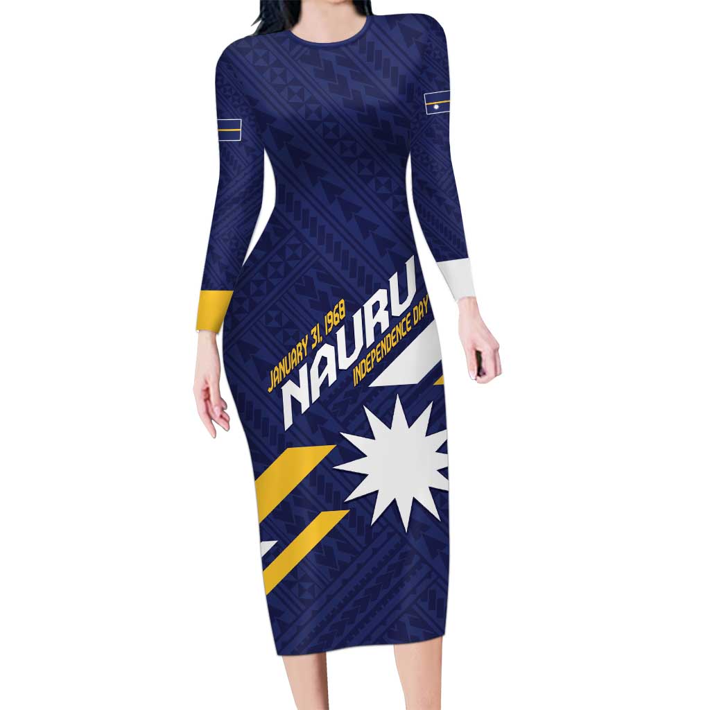 Personalised Happy Nauru Independence Day Long Sleeve Bodycon Dress Polynesian Pattern