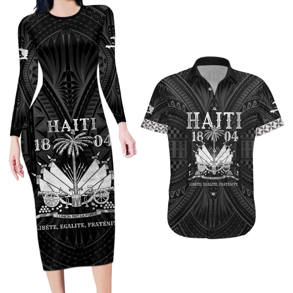 Haiti 1804 Couples Matching Long Sleeve Bodycon Dress and Hawaiian Shirt Polynesian Silver Neg Maron