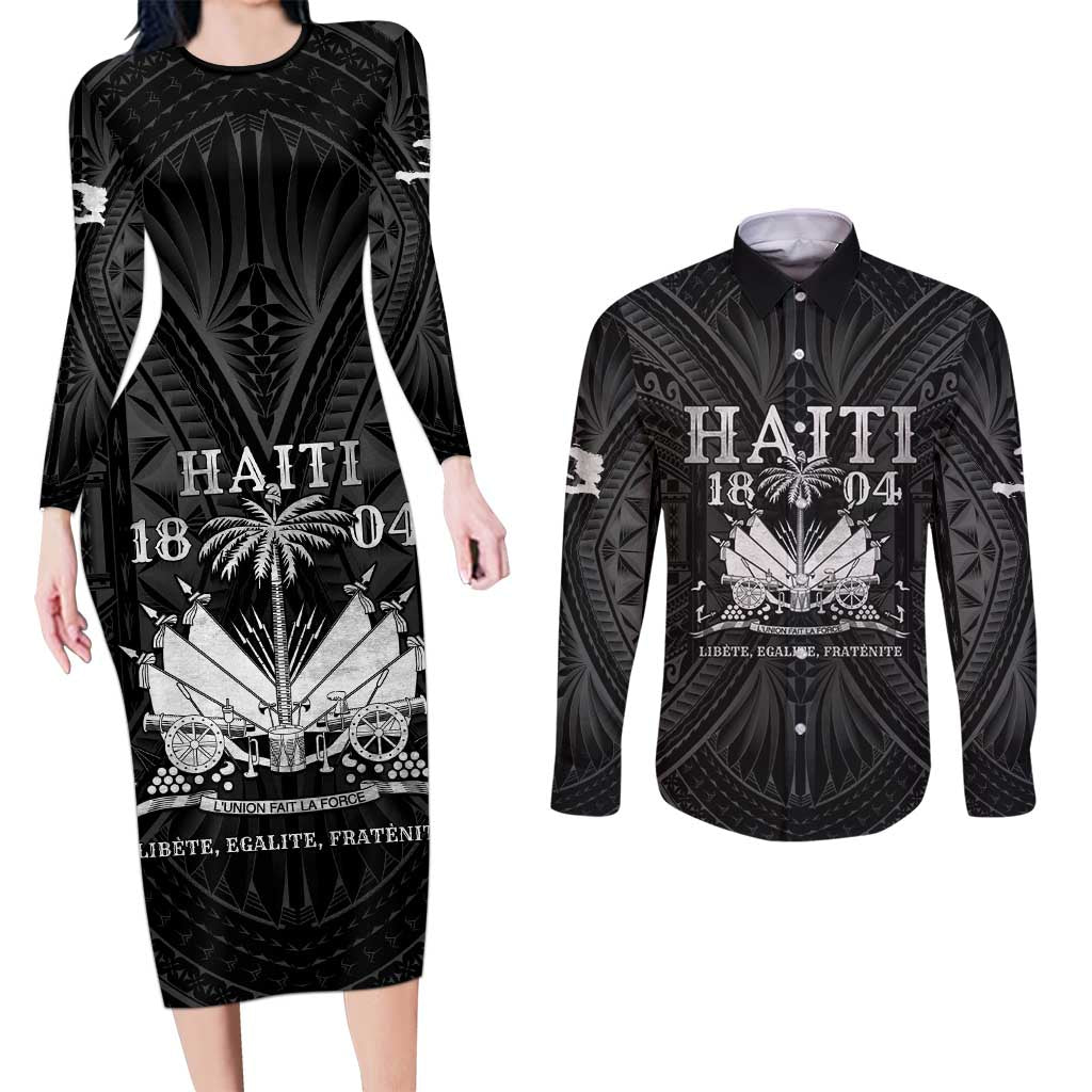 Haiti 1804 Couples Matching Long Sleeve Bodycon Dress and Long Sleeve Button Shirt Polynesian Silver Neg Maron