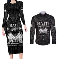 Haiti 1804 Couples Matching Long Sleeve Bodycon Dress and Long Sleeve Button Shirt Polynesian Silver Neg Maron