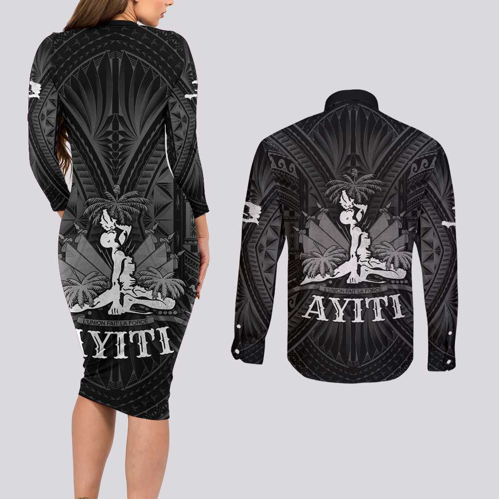 Haiti 1804 Couples Matching Long Sleeve Bodycon Dress and Long Sleeve Button Shirt Polynesian Silver Neg Maron