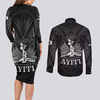 Haiti 1804 Couples Matching Long Sleeve Bodycon Dress and Long Sleeve Button Shirt Polynesian Silver Neg Maron