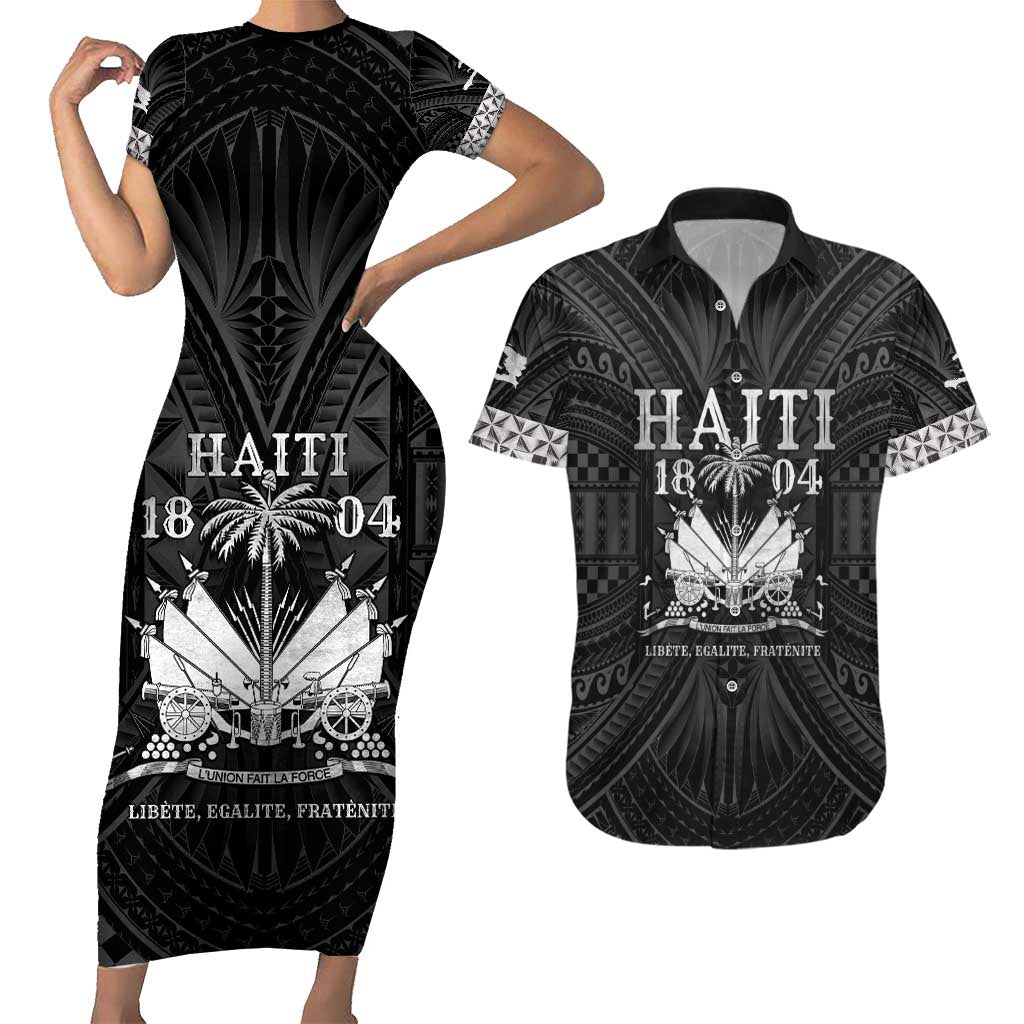 Haiti 1804 Couples Matching Short Sleeve Bodycon Dress and Hawaiian Shirt Polynesian Silver Neg Maron