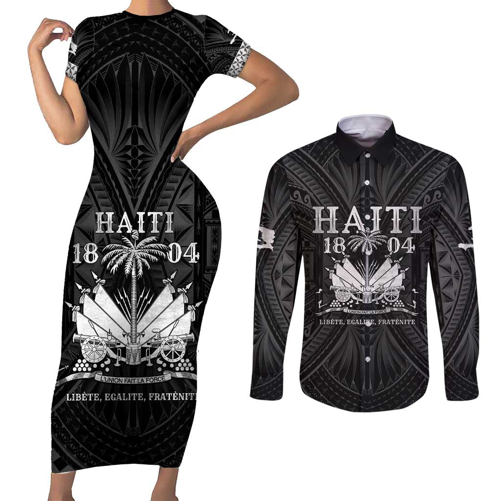 Haiti 1804 Couples Matching Short Sleeve Bodycon Dress and Long Sleeve Button Shirt Polynesian Silver Neg Maron